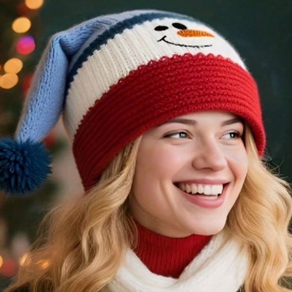 Cozy Snowman Color Block Pom Knit Christmas Holiday Beanie - Picture 4 of 4